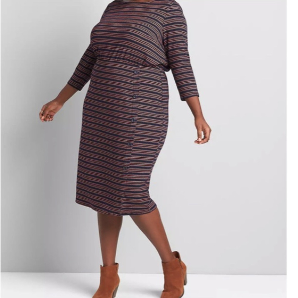 Polyester/spandex striped midi dress with button detail.